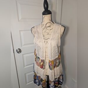 Easel Cream Lace Crochet Boho Vest with Multicolor Floral Design Size M